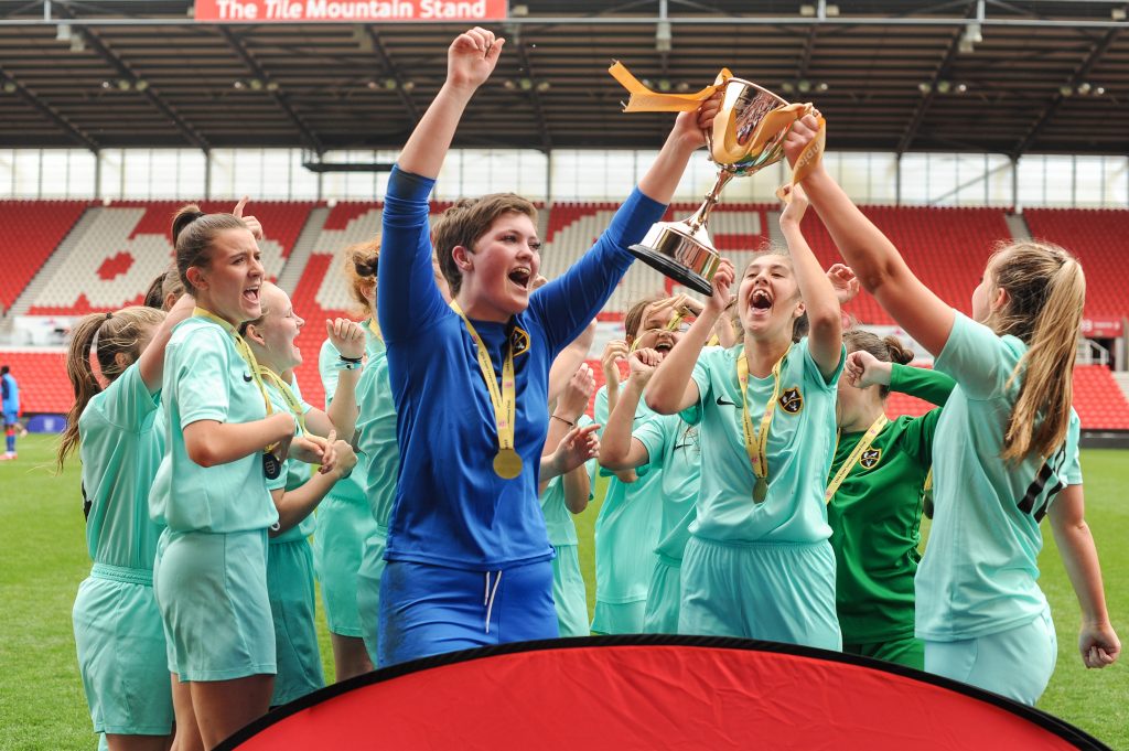 Park View School Women's Team celebrating their victory in the 21/22 Women's Super League National Final